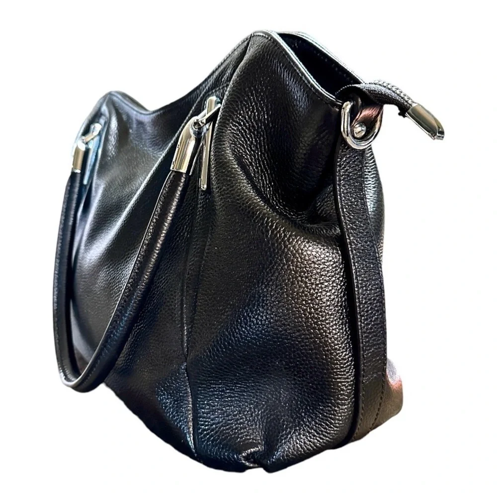 HESHE,Black Casual, Leather Hobo Hand/Shoulder Bag With High Quality Silver Trim